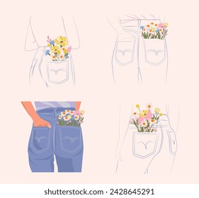 Collection of sketch blue jeans with flowers in pocket. Spring illustration. Editable vector illustration.
