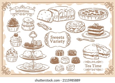 Collection of sketch desserts and elegant frames. Vector illustration.