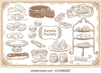 Collection of sketch desserts and elegant frames. Vector illustration.