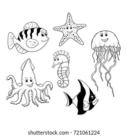 collection of sketch or hand drawn sea animals on white background