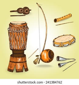 Collection of sketch musical instruments of capoeira. Hand drawn illustrations. 