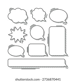 Collection of sketch style comic speech bubbles with dotted halftone shadow and black outline. Vector, scalable without quality loss