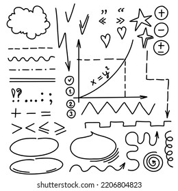 Collection of sketch underline, emphasis, line shape. Swirl swoosh, speech bubble, underline elements in hand drawn doodle style. Vector illustration.