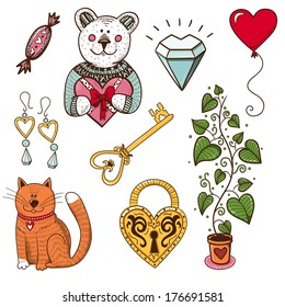 Collection of sketch vector elements for romantic design.