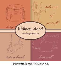 Collection of sketch vector illustrations on a wellness theme. Images of swings, plant in a pot, candle and pillows