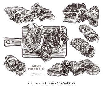 Collection of sketch vector illustrations of spanish jamon. Appetizer with thinly sliced ham, fresh and natural farm meat. Hand darwn finger food, bacon, italian parma and prosciutto in monochrome