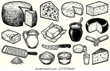 Collection sketched dairy items