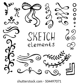 Collection of sketched floral and swirl elements. Hand drawn vector illustration.