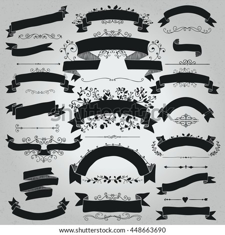 Collection of Sketched Rustic Decorative Ribbons and Banners, Dividers with Floral Swirls and Branches. Black Ribbon Shapes on Textured Background. Vintage Vector Illustration.