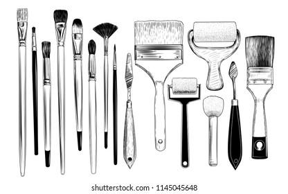 A collection of sketches of art brushes, palette  knifes and foam rubber rollers. A variety of tools in vintage style. Hand-drawn vector design elements. Clipart.