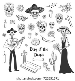 Collection of sketches "Day of the Dead", attributes of the Mexican holiday. Hand drawings on a white background. 