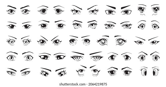Collection of sketches of eyes with different emotions in the Japanese style.