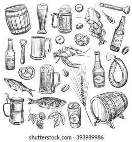 A collection of sketches on the theme of beer and snacks . High-quality vector graphics