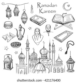 Collection of sketches on the theme of Ramadan. Attributes of a Muslim holiday on a white background