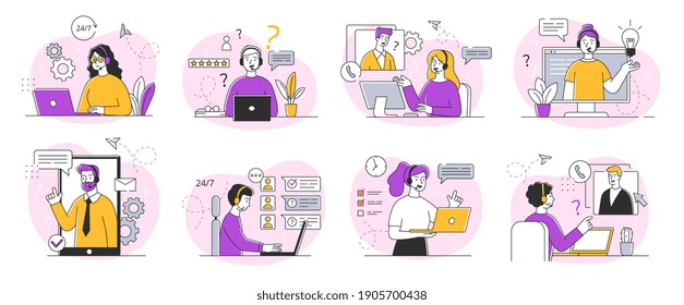 A collection of sketches on the topic of technical customer support. Customer service representatives communicate with customers and help them solve their problems. Set of outline vector illustrations