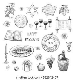 A collection of sketches Passover. Holiday symbols, on a white background. 