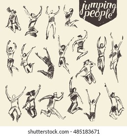 Collection of sketches of silhouettes of jumping persons, hand drawn vector illustration
