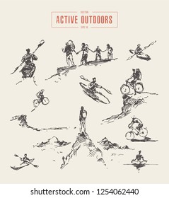 Collection of sketches of sport outdoors activity, rowing, riding, hiking, hand drawn vector illustration