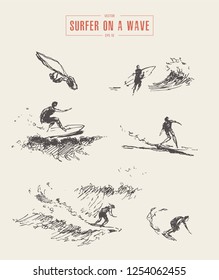 Collection of sketches of a surfer on a wave, hand drawn vector illustration