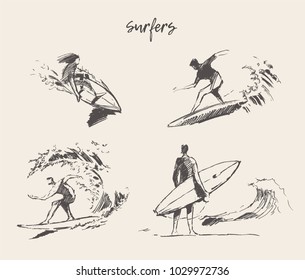 Collection of sketches of the surfers, hand drawn vector illustration