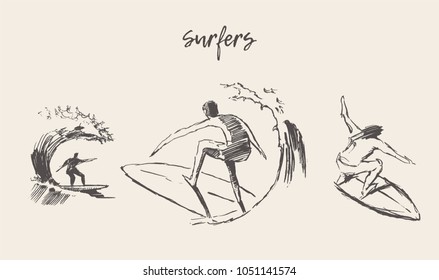 Collection of sketches of the surfers, hand drawn vector illustration