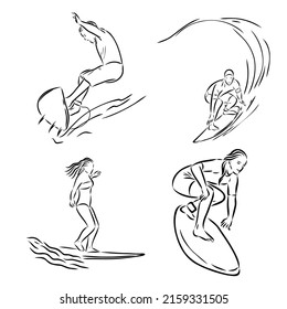 Collection of sketches of the surfers, hand drawn vector illustration