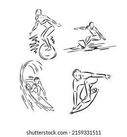 Collection of sketches of the surfers, hand drawn vector illustration