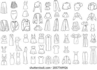 Collection of sketches of women's clothing. Illustrations of outerwear in a linear style.
