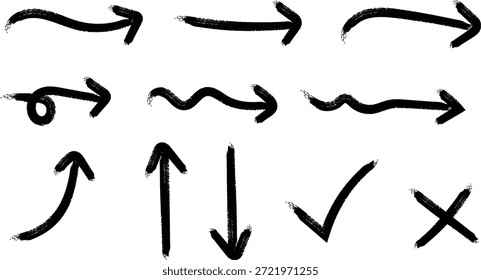 Collection of Sketchy Arrows, Checkmarks and Cross Signs, Hand Drawn Directional Ink Symbols and Icons.