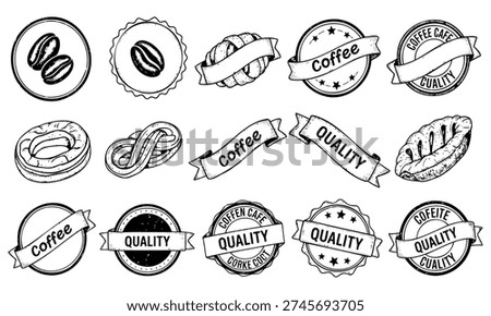 Collection of sketchy coffee shop logos stamps and emblems featuring beans croissants and quality labels