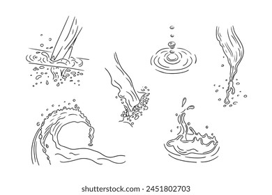 Collection of sketchy drawings of water splashes. Black outline doodles isolated on white background. Ideal for coloring pages, tattoo, pattern