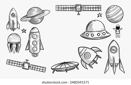 Collection of sketchy space objects isolated on white background. Space ships, rockets, space shuttle, planets, flying saucers, astronauts etc.