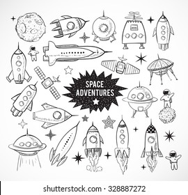 Collection of sketchy space objects isolated on white background. Space ships, rockets, space shuttle, planets, flying saucers, astronauts etc. 