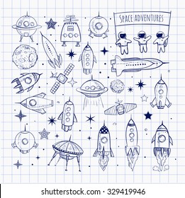 Collection of sketchy space objects isolated on squared paper background. Space ships, rockets, space shuttle, planets, flying saucers, astronauts etc. 