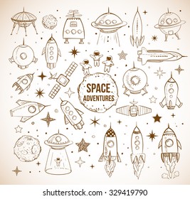 Collection of sketchy space objects on vintage background. Space ships, rockets, space shuttle, planets, flying saucers, astronauts etc. 