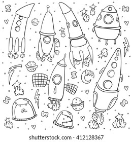 Collection of sketchy space objects on vintage background. Space ships, rockets, space shuttle, planets, flying saucers, astronauts