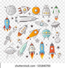 Collection of sketchy space objects. Space ships, rockets, space shuttle, planets, flying saucers, astronauts etc. 