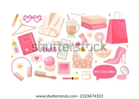 Collection of skin care cosmetics and different girl's stuff symbols