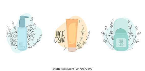 Collection of skin care products. Hand drawn bottles of shower gel, moisturizing hand cream and deodorant
