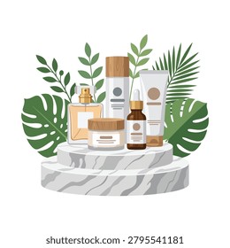 Collection of skincare containers displayed on marble platform for cosmetic branding, packaging visuals, retail campaigns, and product presentation projects