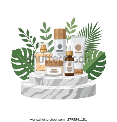 Collection of skincare containers displayed on marble platform for cosmetic branding, packaging visuals, retail campaigns, and product presentation projects