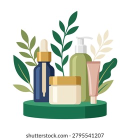 Collection of skincare containers with leafy botanical elements for cosmetic branding, packaging visuals, retail campaigns, and product presentation materials