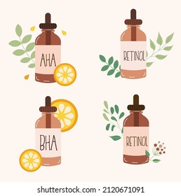 Collection of skincare glass bottles in flat style with different plants and citrus. Tendy facial acids: AHA, BHA and retinol. Cosmetic packaging elements for blog post, templates, social media.