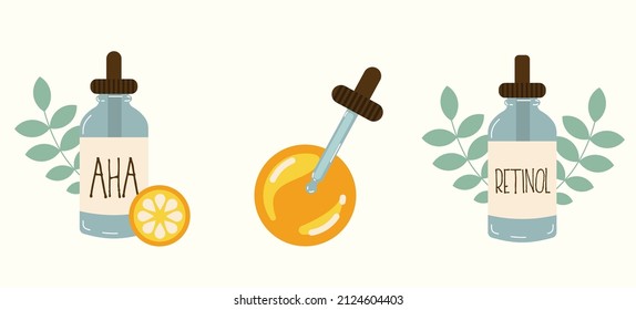 Collection Of Skincare Glass Bottles In Flat Style With Citrus.Tendy Facial Acids: AHA And Retinol. Cosmetic Packaging Elements For Blog, Post, Templates, Social Media And Prsentation