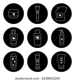 Collection of skincare and grooming products displayed in circular icons featuring minimalist design. Each item is represented as a simple illustration within black circular shapes, emphasizing beauty