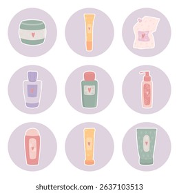 Collection of skincare products arranged in a modern and minimalist style on a soft purple background. A variety of skincare products are neatly arranged in a grid format.