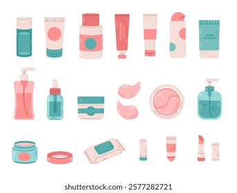 Collection of skincare products, including lotions, creams, serums, and jars in pastel colors. Perfect for beauty routines, self-care, and cosmetic packaging designs