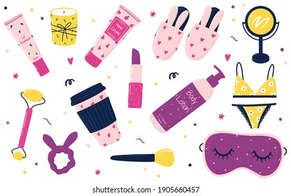 Collection of skincare routine organic products and cute girly things isolated on white background: cosmetics, underwear, face massager, scrunchy, mirror, makeup brush, candle, bunny slippers.