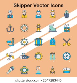 Coleção de ícones de capitão representando navegação de barco e ferramentas marítimas perfeitas para temas náuticos e de aventura.