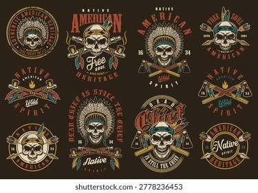 A collection of skull designs featuring Native American themes. The artwork shows various symbols and elements connected to Native American culture and heritage.